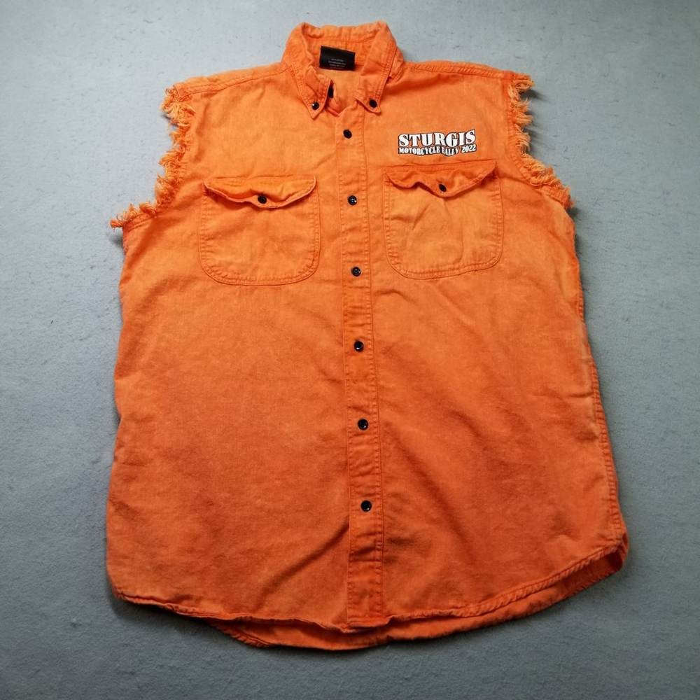 Sturgis Motorcycle Shirt Button Cut Off Sleeves Size M Orange 2022 Flag Cotton